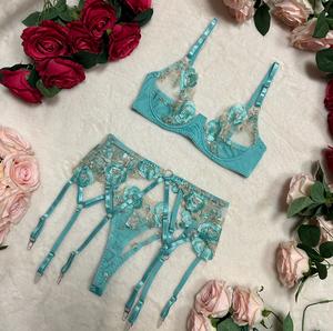 LILIOSA LINGERIE Aqua SUMMER SERENITY Elegant Floral Embroidery Lace Sexy 3 Piece Lingerie Set, Adjustable Spaghetti Straps, Floral Embroidery Mesh Sheer, Womenswear Comfy Bra Thong , Comfortable Satin Fabric Stockings Strap Belt, Elegance Matching Fit St