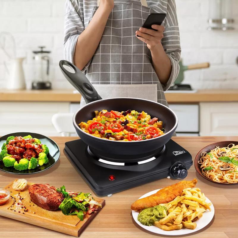 Stainless Steel Single Hotplate, Home Kitchen Electric Hotplate, 1250-1500W , 5 Power Levels Mobile Hotplate for Travel and Camping, Continuously Adjustable Thermostats, Overheating Protection, Cast Iron 1