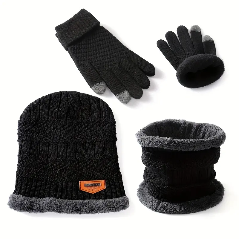 Men's Comfortable Knitted Hat + Scarf + Warm Gloves Three-piece Set - Thickened and Warm Fleece Lining Winter Accessories, Letter Patch Style Warm Hat and Warm Faux Sheepskin Scarf and Winter Men's and Women's Faux Sheepskin Full Finger Gloves 1