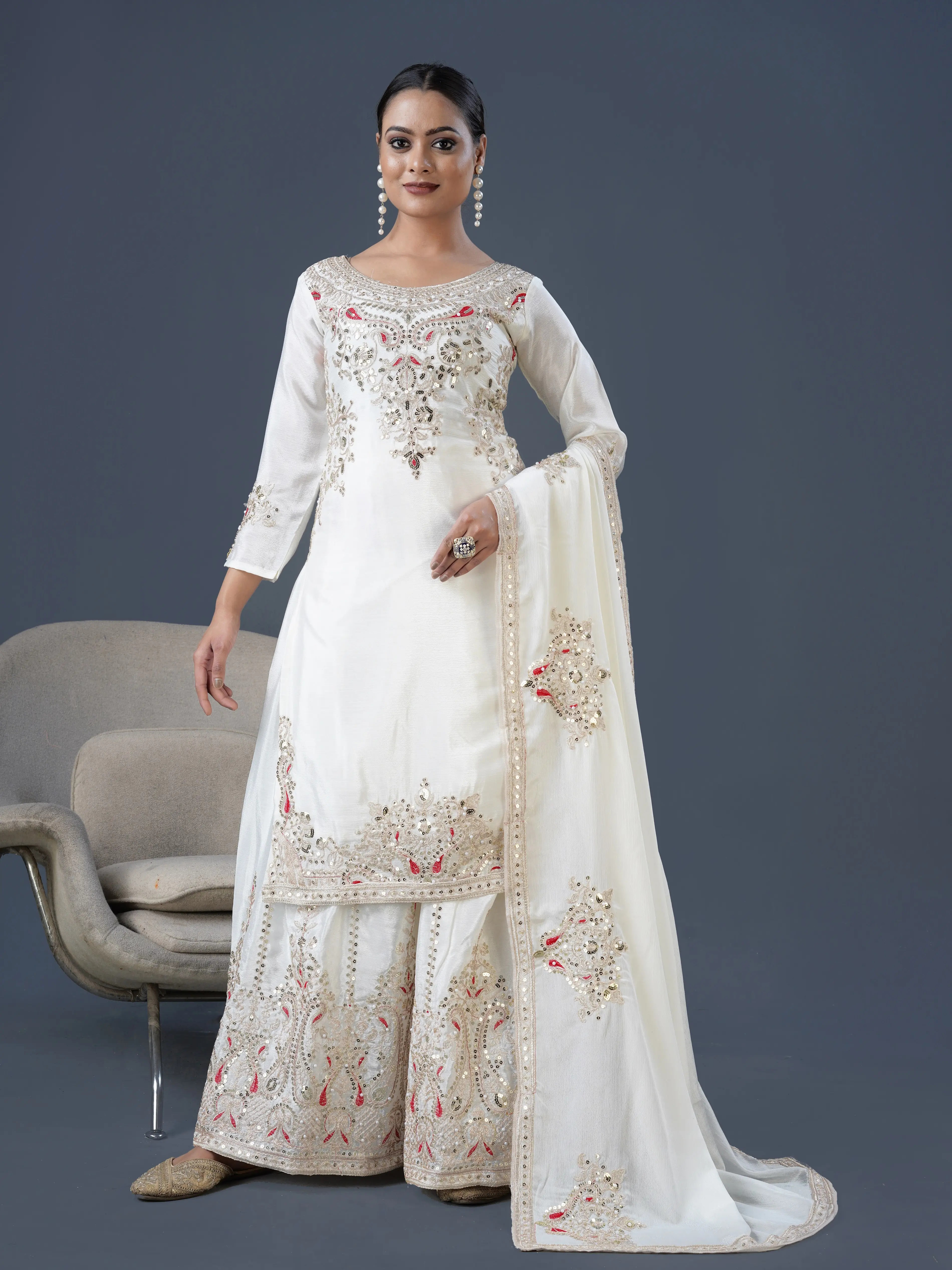 TJS Elegant White Embroidered Sharara Suit Set with Bead, Sequin, and Pearl Embellishments, Dupatta, and Palazzo white lover and off white colour says cream white colour Sleeve Boat Sleeve Embroidery Fabric Matching Outfit Pants Sheer Sleeve Top Sleeve