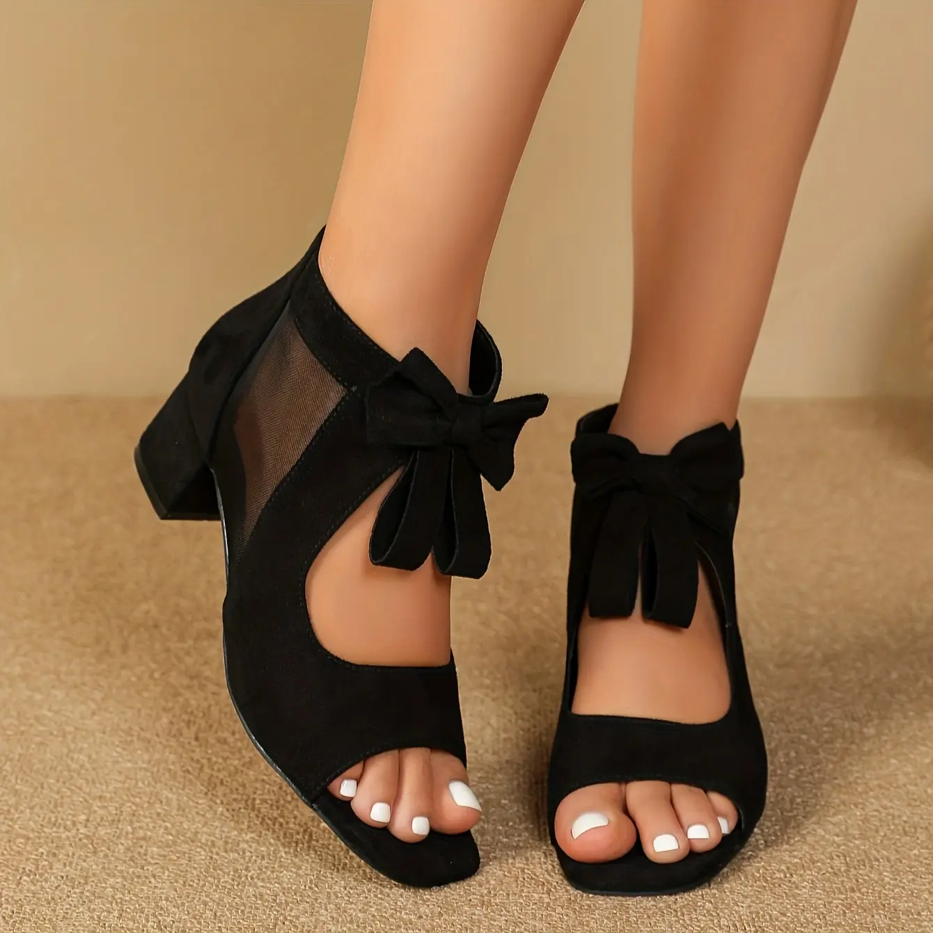 Black Fashionable Women's High Thick Heel Summer and Winter Boots with Mesh and Flower Embroidery
