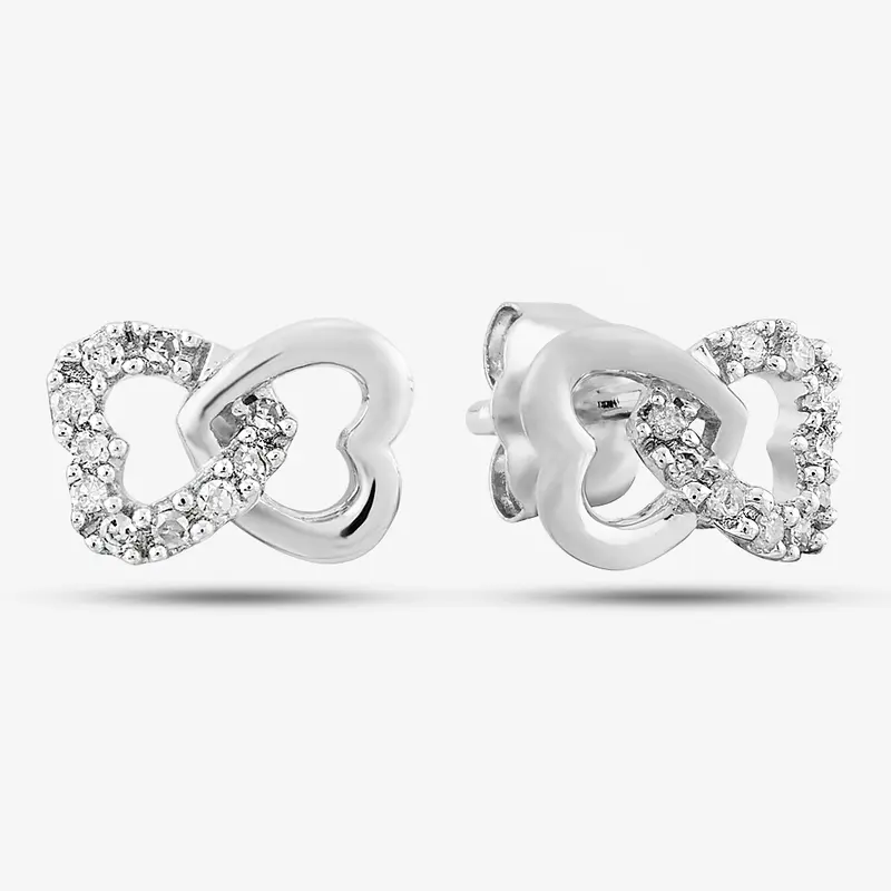 9ct White Gold & Pave Diamond Double Open Hearts Stud Earrings PE05599 1