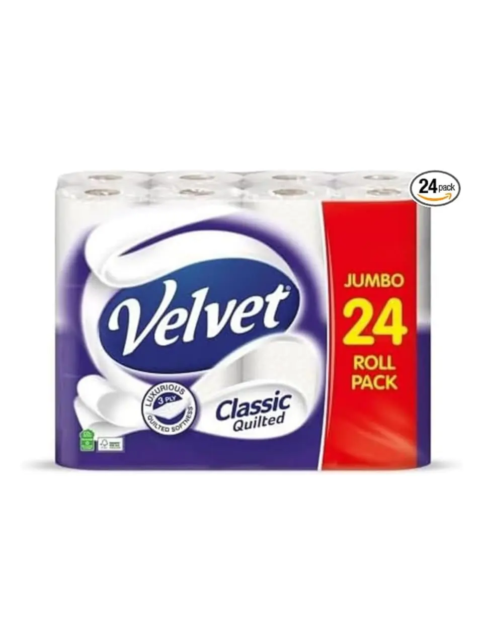 Velvet Classic Quilted Toilet Tissue 24 Rolls - Luxuriously Soft, Strong and Absorbent Toilet Roll - Jumbo Bulk Pack 24 Rolls - 3-ply - White