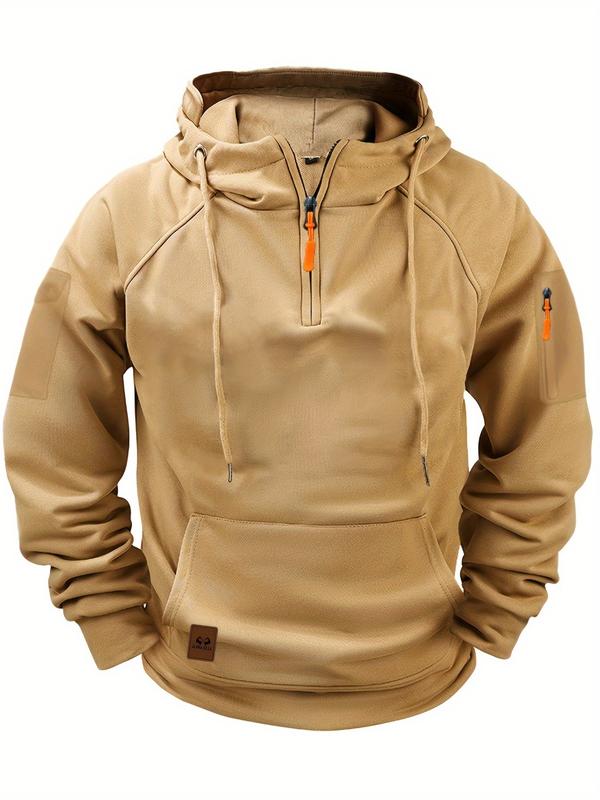 Men's Hooded Henley Shirt with Multiple Pockets, Casual Sports Pullover for Autumn/Winter, Polyester Knit Athletic Top 1