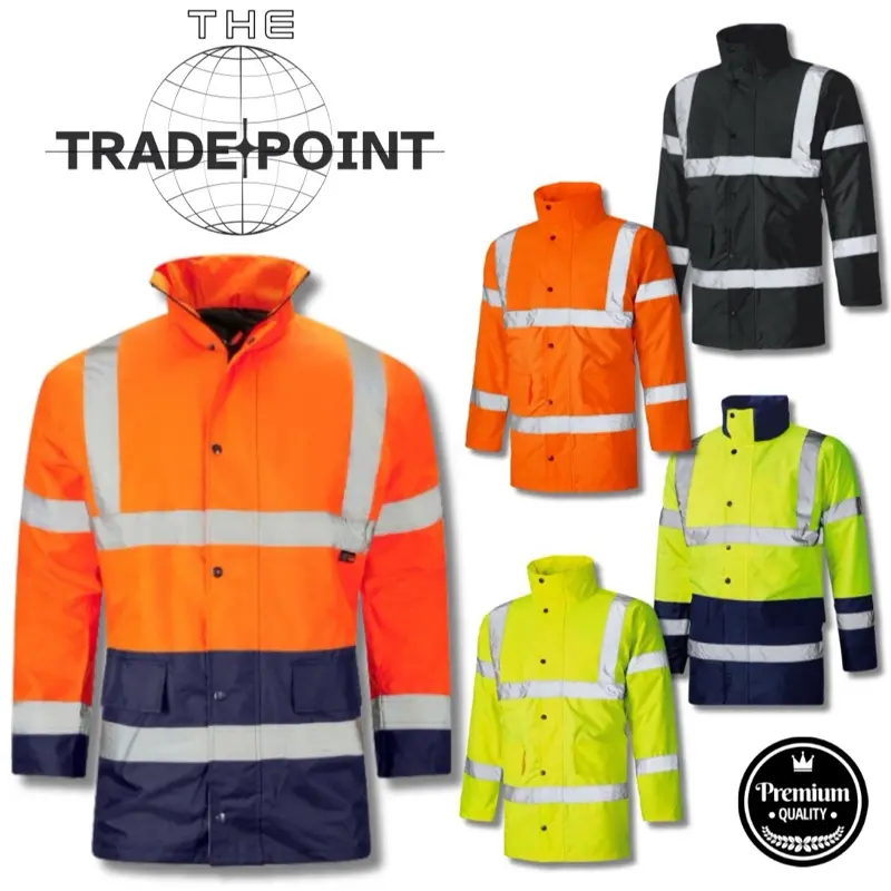 Hi Visibility Parka Jackets Mens Workwear Reflective Tape Polyester Clothing Fabric Menswear Artificial Coats Day Big Layer Medium Navy
