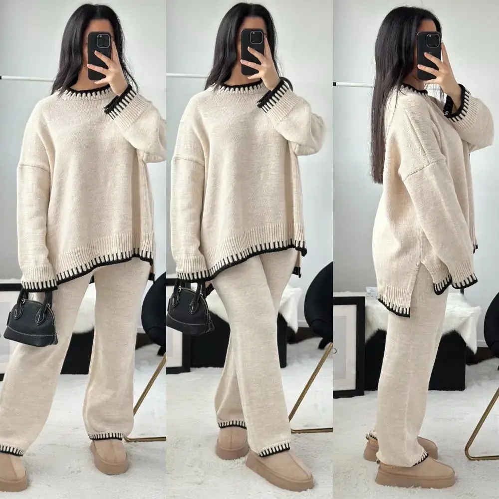 Women's  Ladies Girls Stitched Knitted Jumper Top Wide Leg Trousers 2PCS Co Ord Loungewear Set Plus Size