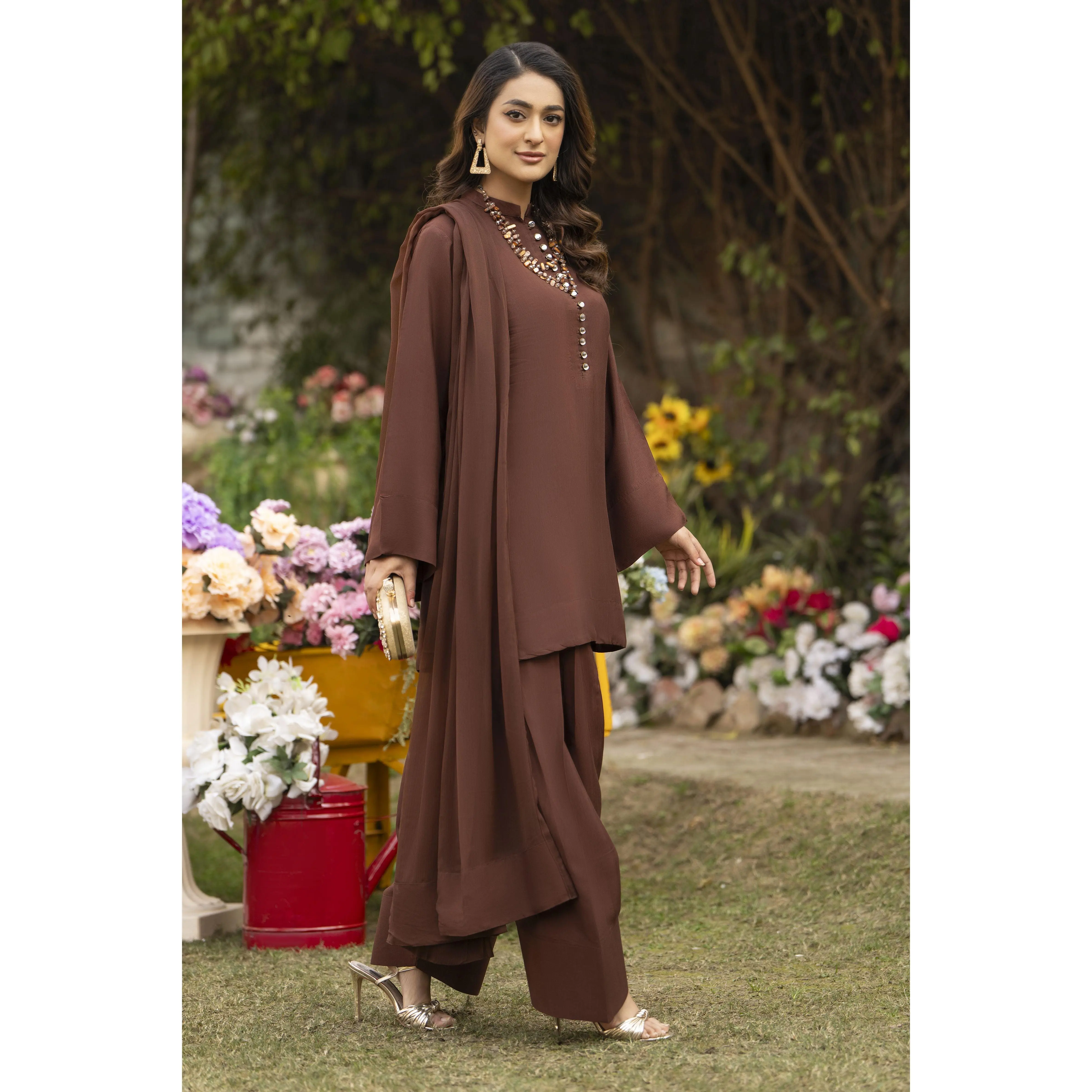 Coffee Brown Raw Silk Ready to Wear 3 Pcs Dress