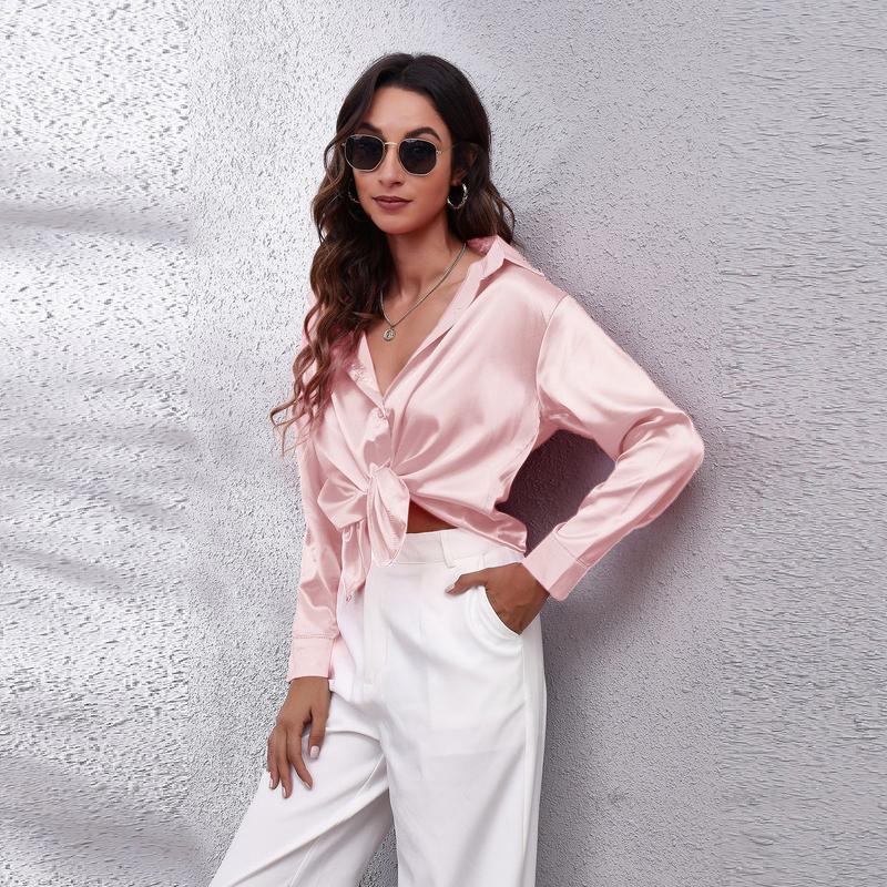 Product Introduction of Women's Satin Satin Imitation Silk Long Sleeved Shirt Elegant V-neck Retro Style Multicolor Shirt Top-Looki Ngi 8