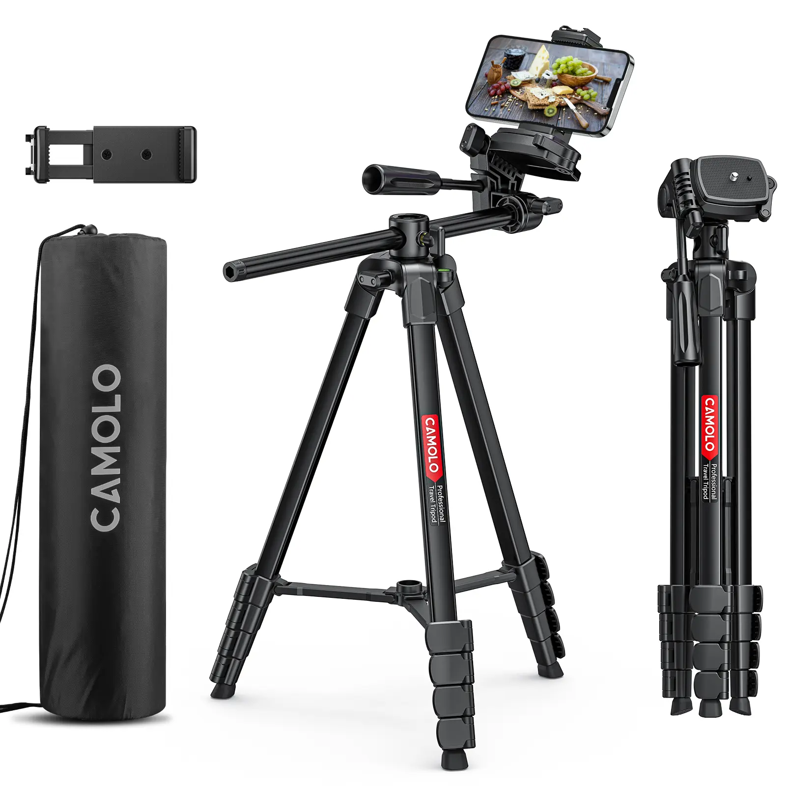 CAMOLO Phone Tripod, 69.7” Camera Tripod with Extension Arm for Travel Aluminum Lightweight Tripod with Travel Bag Horizontal Arm Camera DSLR Tripod Video Photography for YouTube Vlog