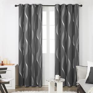 Deconovo Blackout Curtains for Bedroom Foil Printed Wave Line Blackout Curtains Thermal Insulated Energy Saving Eyelet Room Darkening Curtains 2 Panels