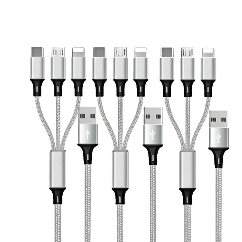 3 in 1 Charging Cable Pack of 3 for Mobile and Electronic Devices - Silver, Fast Charging, 1.2m Length - Cellphone, Smartphone Charger 0