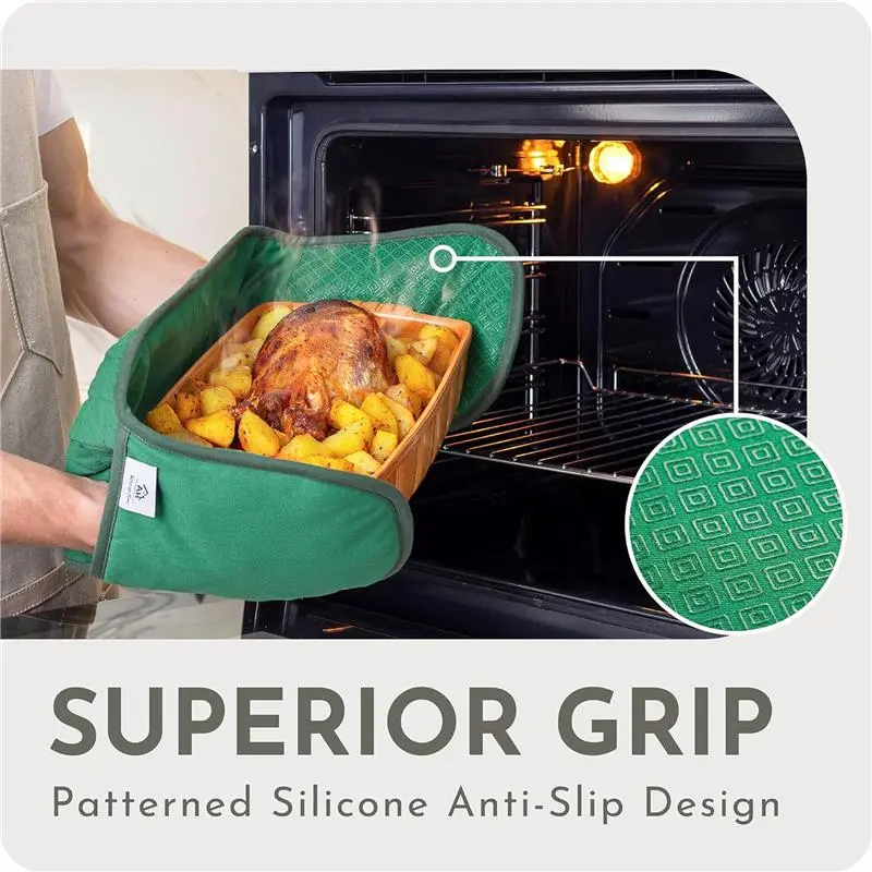 Green Double Oven Gloves | Maximum Heat Resistant Protection | Double Oven Mitt With Silicone Non-slip Design | Machine Washable Thick Oven Glove Home & Kitchen Accessories. Bakeware Cover 1