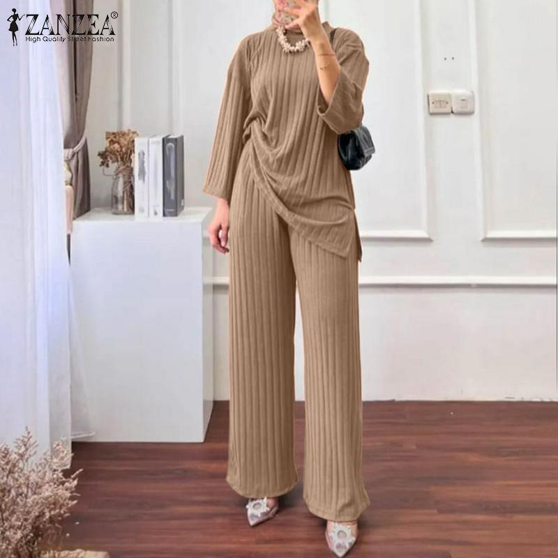 Product Introduction of Long Sleeve Blouse Wide Leg Pants Sets ZANZEA Women Matching Sets Solid Islamic Clothing Muslim Tracksuit Outifits 2PCS 4