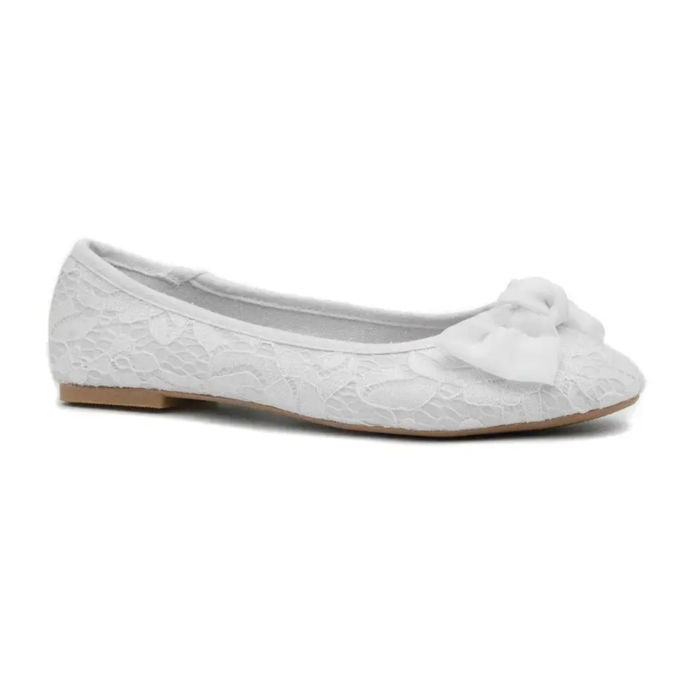 Womens White Ballerina Slip On Shoes, Casual Gigi Footwear, Floral Lace Flat Walking Shoes Girl Comfort Soft Running