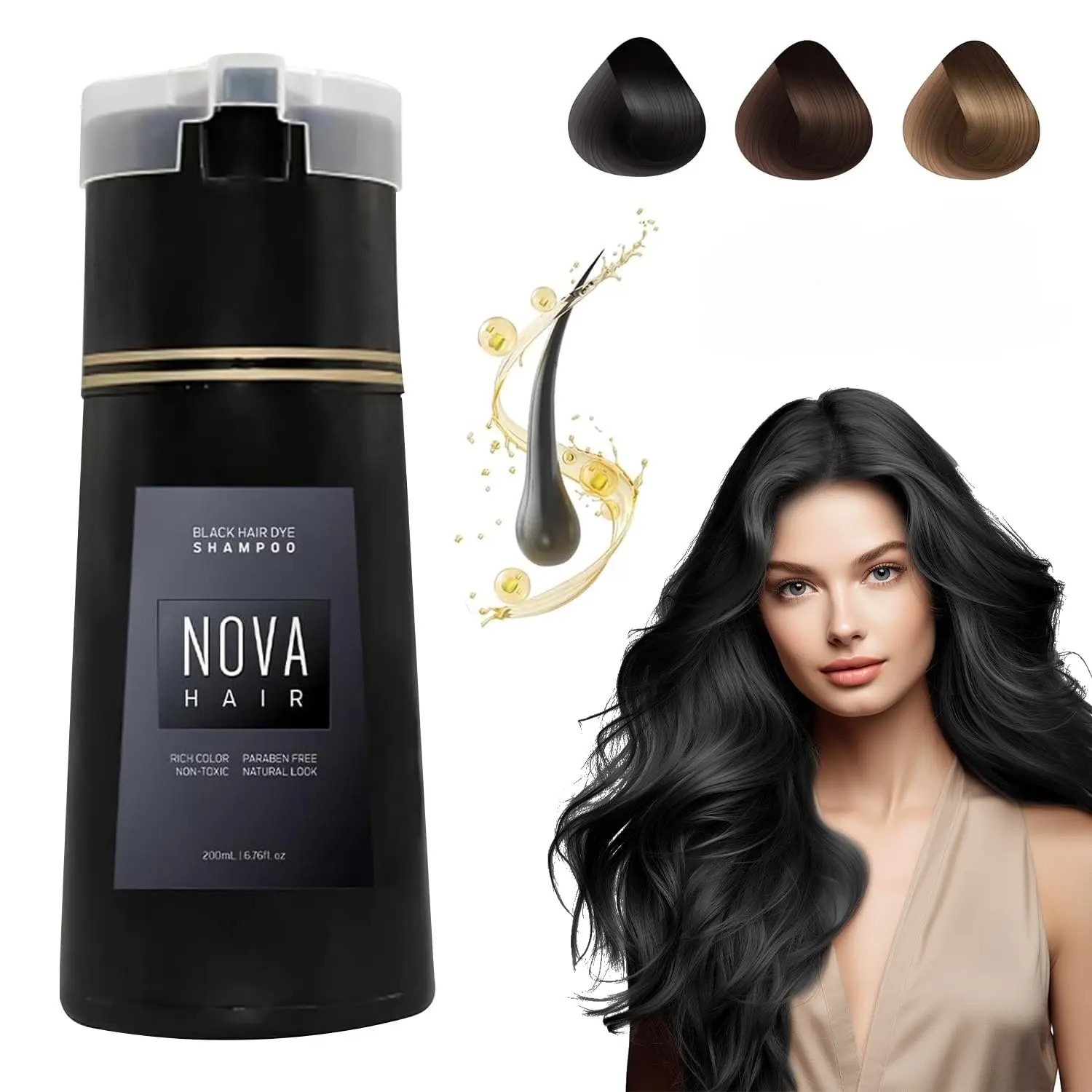 Nova Hair Dye Shampoo,Nova Hair Instant Dye Shampoo,Nova Hair Dye Shampoo 3 in 1, for Men & Women (Black)
