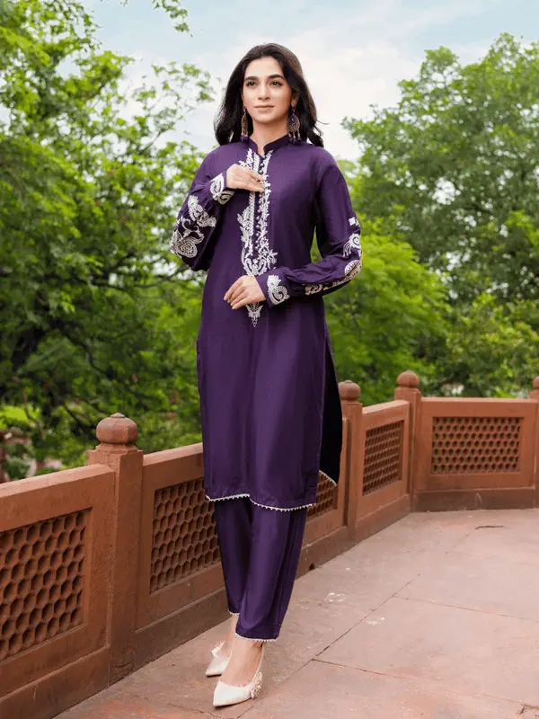 Haneen Collection By Momina Designer | PD-440-11 | - 2 Piece Stone Linen Embroidered Kurti With Trouser For Women Dress Traditional Womenswear Clothing 0