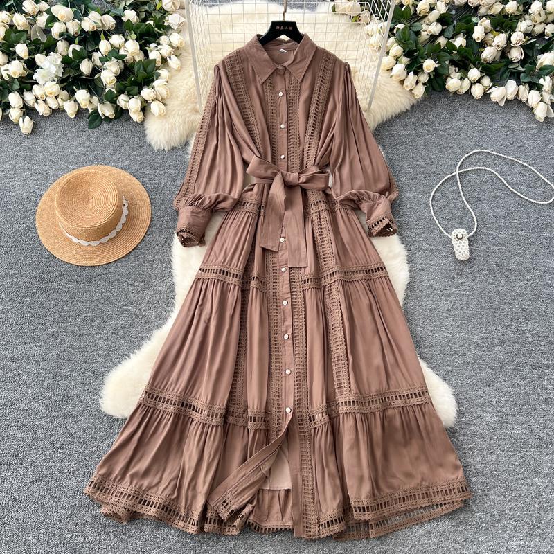 Boutique Wholesale 2024 Autumn New Fashionable Retro Hollow Lace Splicing Waist Slimming Single Breasted Women's Dress 8