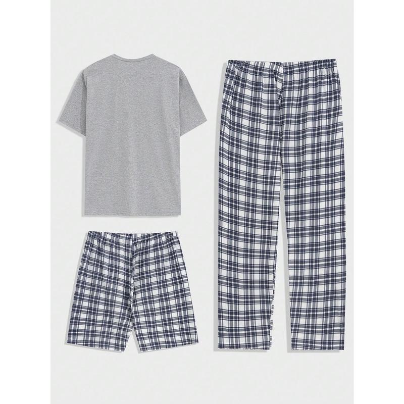 Cottnline Men's Plaid Pocket T-Shirt, Shorts And Long Pants 3pcs Homewear Pajama Set 1