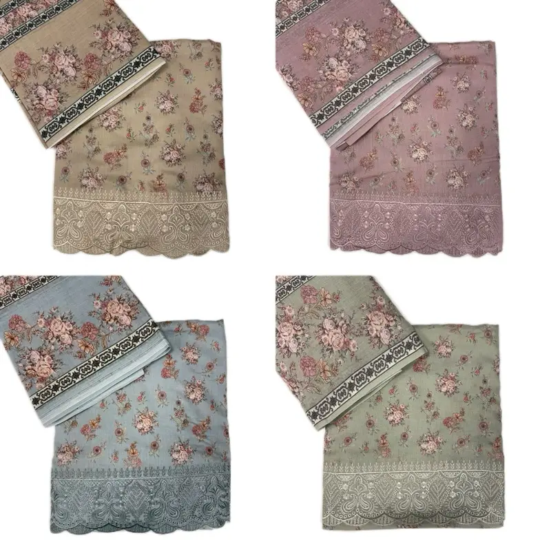 E247 - SOFT FLOWER PRINTED COTTON SUIT WITH EMBROIDERED BORDER AND PRINTED SHAWL CHADAR