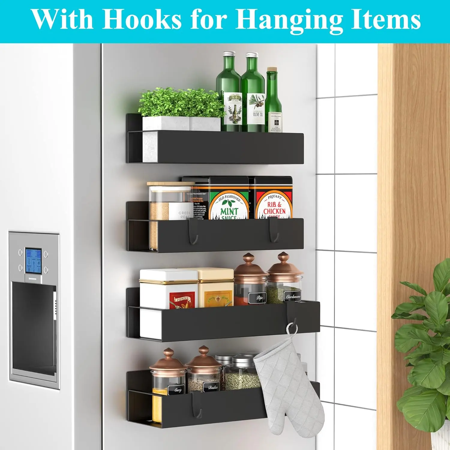 4 Pack Magnetic Spice Storage Rack Organizer for Refrigerator and Oven, Black Fridge Organizers and Storage Kitchen Set