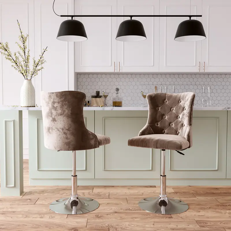 Livingandhome Modern Velvet Upholstered Adjustable Bar Stool with Polished Chrome Base 3