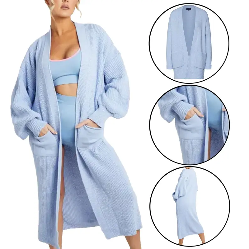 Long Ladies Balloon Sleeve Cardigan Oversized Pocket Chunky Weave Knitted Ribbed Jumper Comfort Knitwear 7