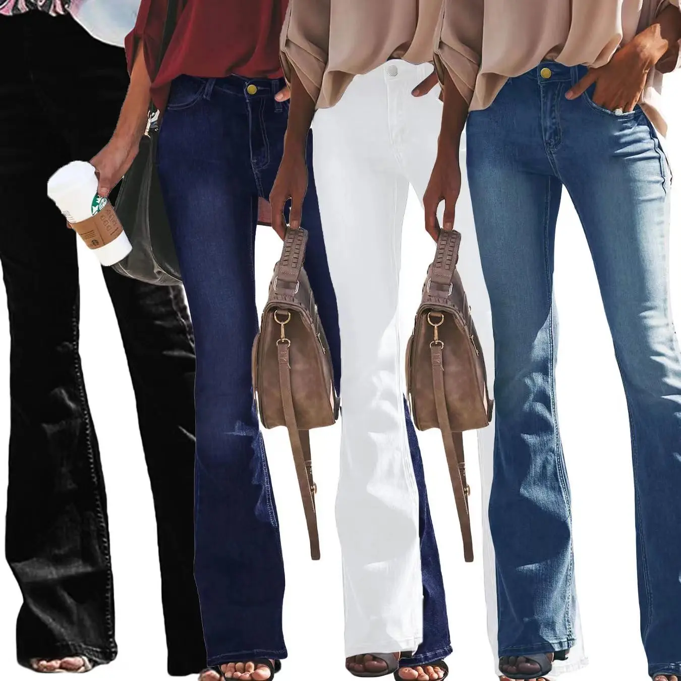 Women Elegant Mid Waist Flared Jeans Women's Broken Holes Wide Leg Denim Pants Female Solid Color Commuter Casual Trousers Streetwear