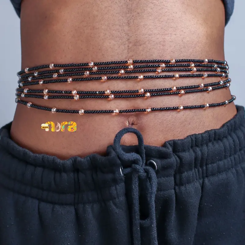 Black Waist Beads with Gold Crystals - Amina, Tie-On - 30 to 60 Inches 2