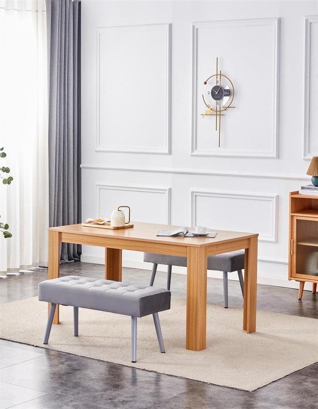 Dining Table and 2 Benches Oak Effect Wood Table 2 Grey Velvet Benches Dining Room 0