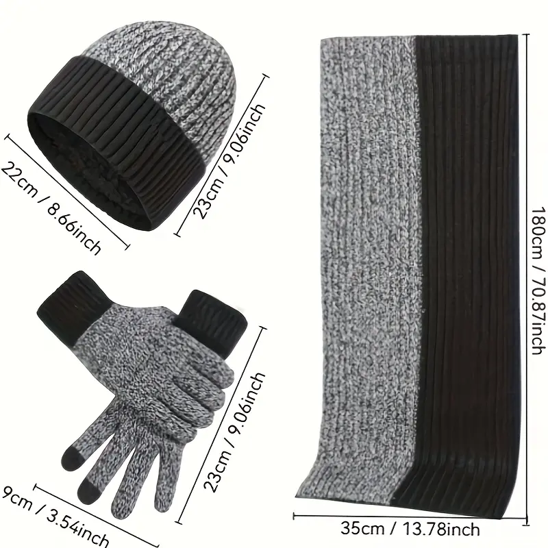 Vintage Style Knitted Winter Set, 3-in-1 Polyester Scarf, Beanie, and Touch Screen Gloves Bundle for Ski and Outdoor Activities - Thick, Warm Knitting Composition for Cold Weather 3