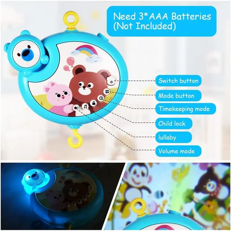 Baby Crib Toy, Baby Crib Mobile with Music and Lights, Cot Mobile Toy with Timing Function Projector and Remote Control, Baby Crib Toys for Boys Girls (Blue) 5