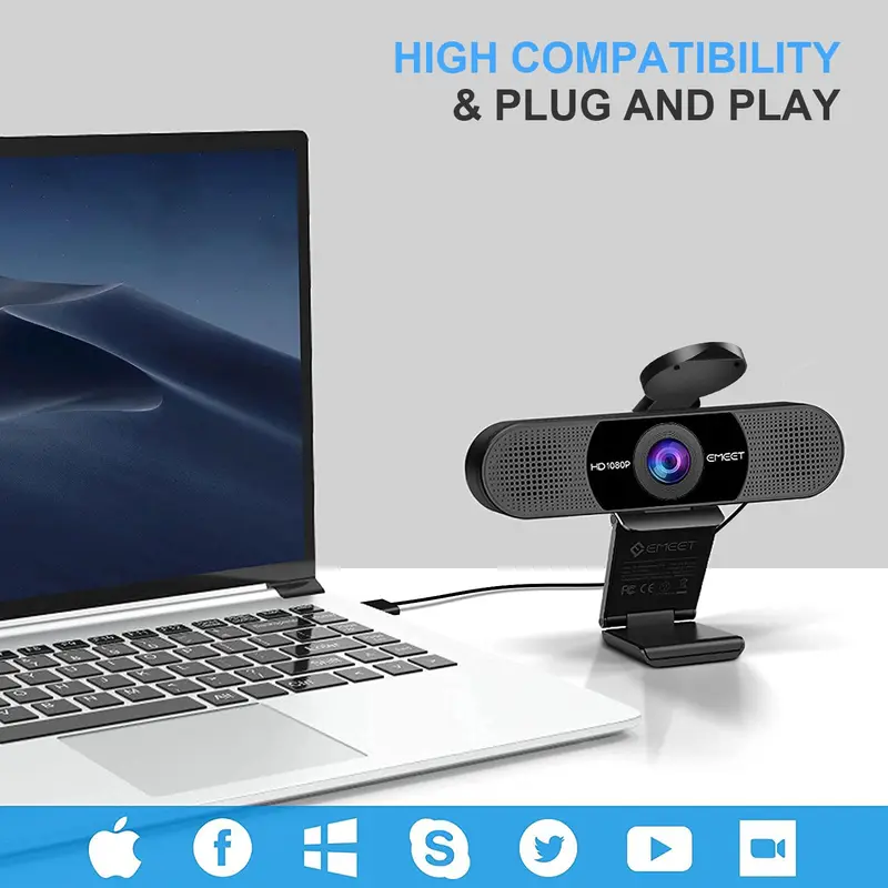 1080P Webcam for PC, EMEET C960 2K 4K Webcam with Microphone, 2 Mics Web Camera, 90°View Streaming Webcam, Plug and Play USB Webcam for Laptop/Desktop, Online Calling/Conference 8