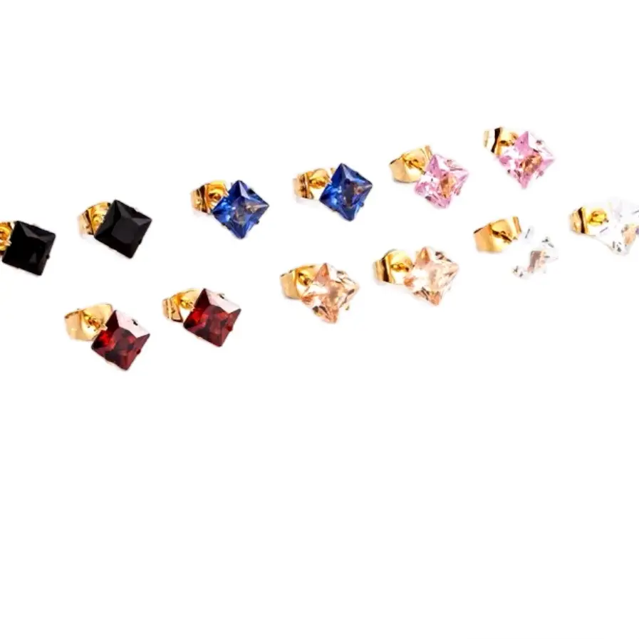 Geometry Square Zircon Ear Studs in Mixed Colors for Women - Gold Plated Stainless Steel Jewellry 6 mm
