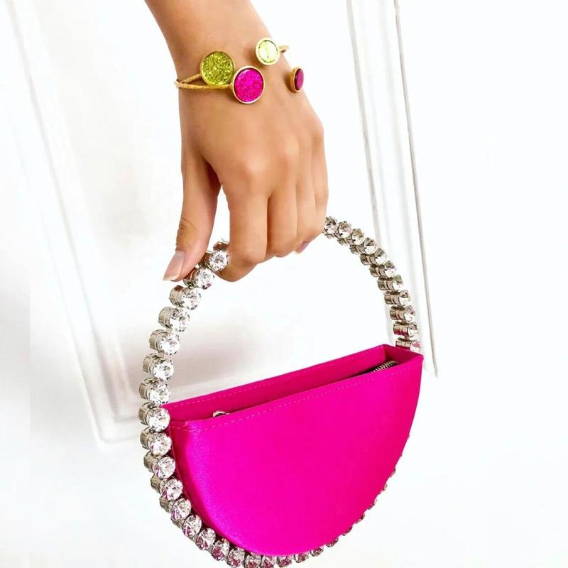 Product Introduction of New Arrival Trendy Women Chic Round Satin Crossbody Hand Bag with Round Bling Crystal Handle Evening Party Bag Purse 1