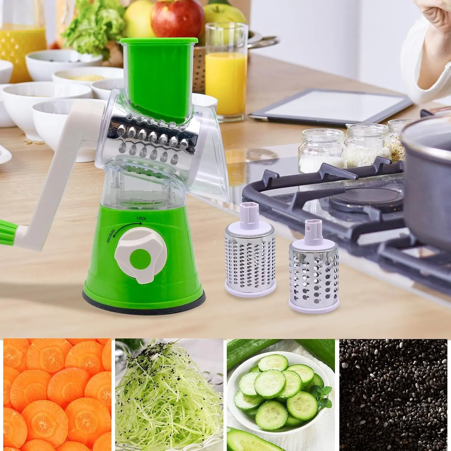 Manual Vegetable Grater Rotary Spiraliser Slicer for Kitchen Round Vegetable Mandoline Slicer with 3 Drum Stainless Steel Blades, for Cheese Vegetable Chocolate Potato Carrot