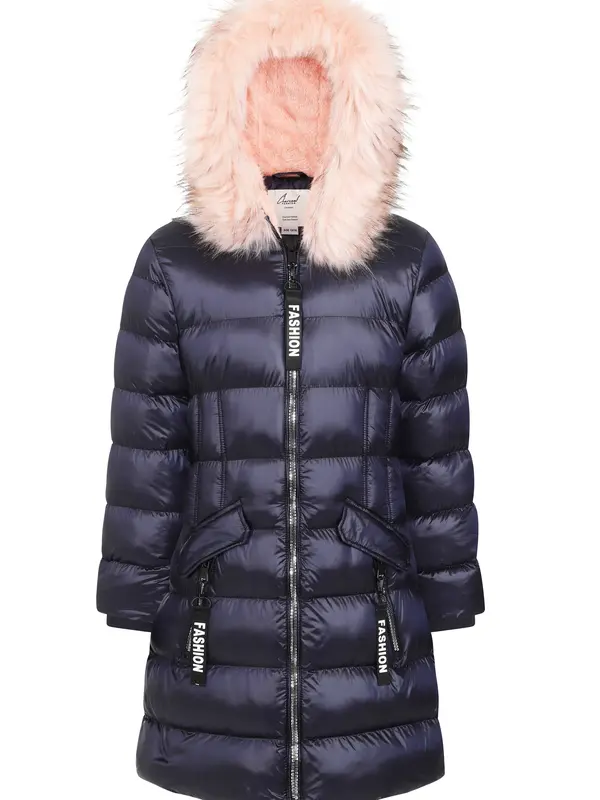 Charcoal Fashion Girl's Shiny Water Resistant Faux Fur Lined Quilted Midi Puffer Coat. Keep Warm, Outdoors,  Hood fur, Back to School 5