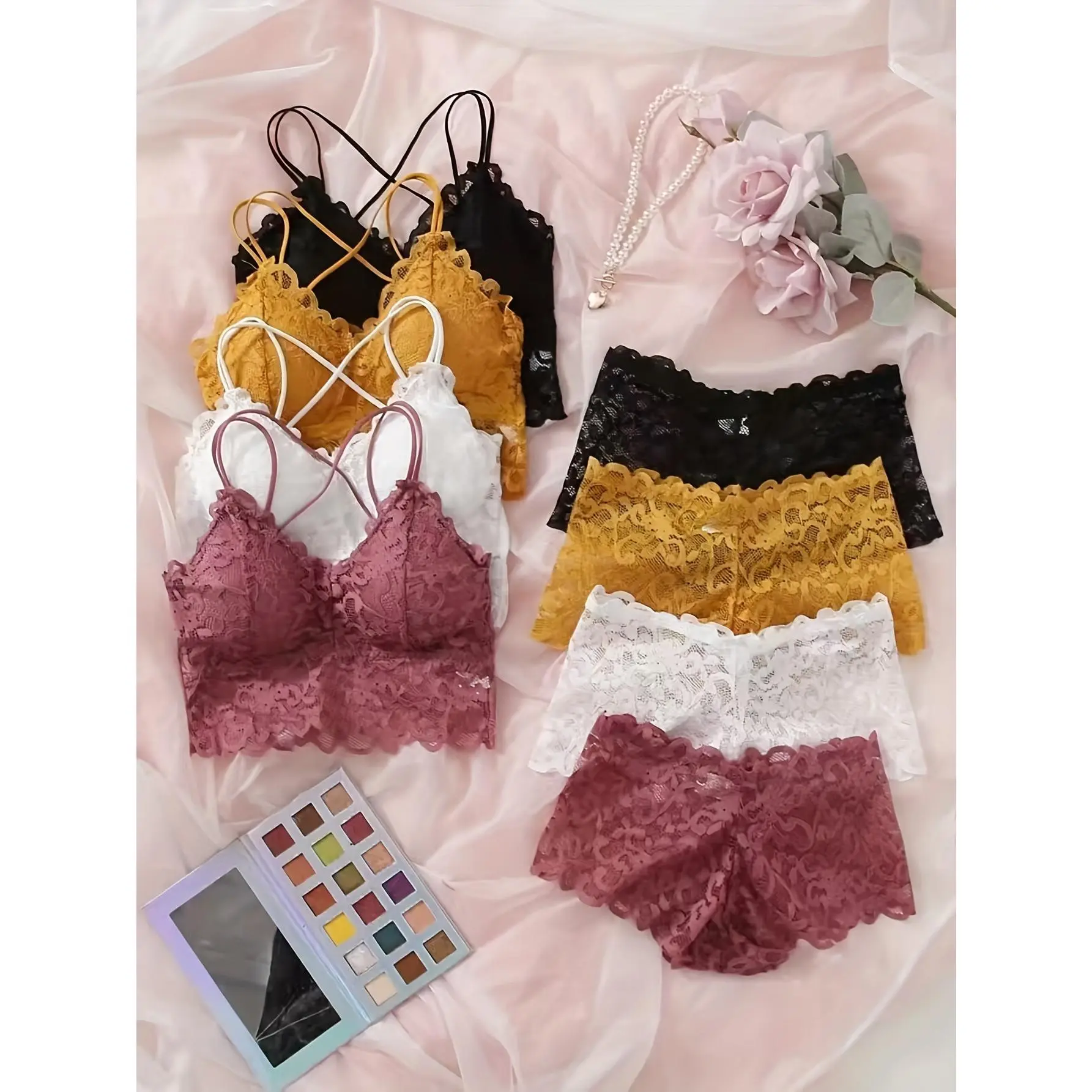 4pcs Sexy Lace Women's Lingerie Set - Wireless, Comfort Fit with Crisscross Back Bra & Boyshort Panties, Breathable Nylon Blend, Plus Size Lingerie