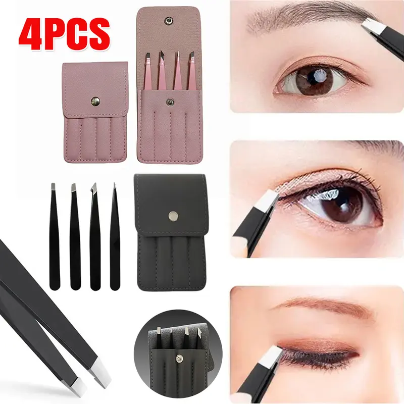[Grocery Hub] 4-Pieces Professional Stainless Steel Tweezers Set Eyebrow Hair Pluckers w/Case 2