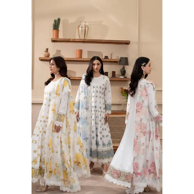 KC-1436 Embroidered Cambric Cotton long Frock Dress Ready to Wear 3 Pc - Karma Collection 1