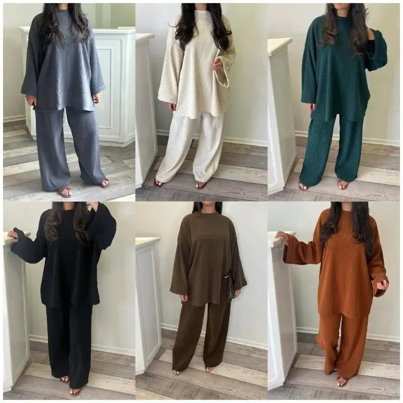 Autumn Winter Solid Color Corduroy Pants Sets Women Loose Long Sleeve Wide Legs Trousers Two Piece Set Female Commuting Clothing Womenswear Overalls Suits Underwear Gamis Comfort 6