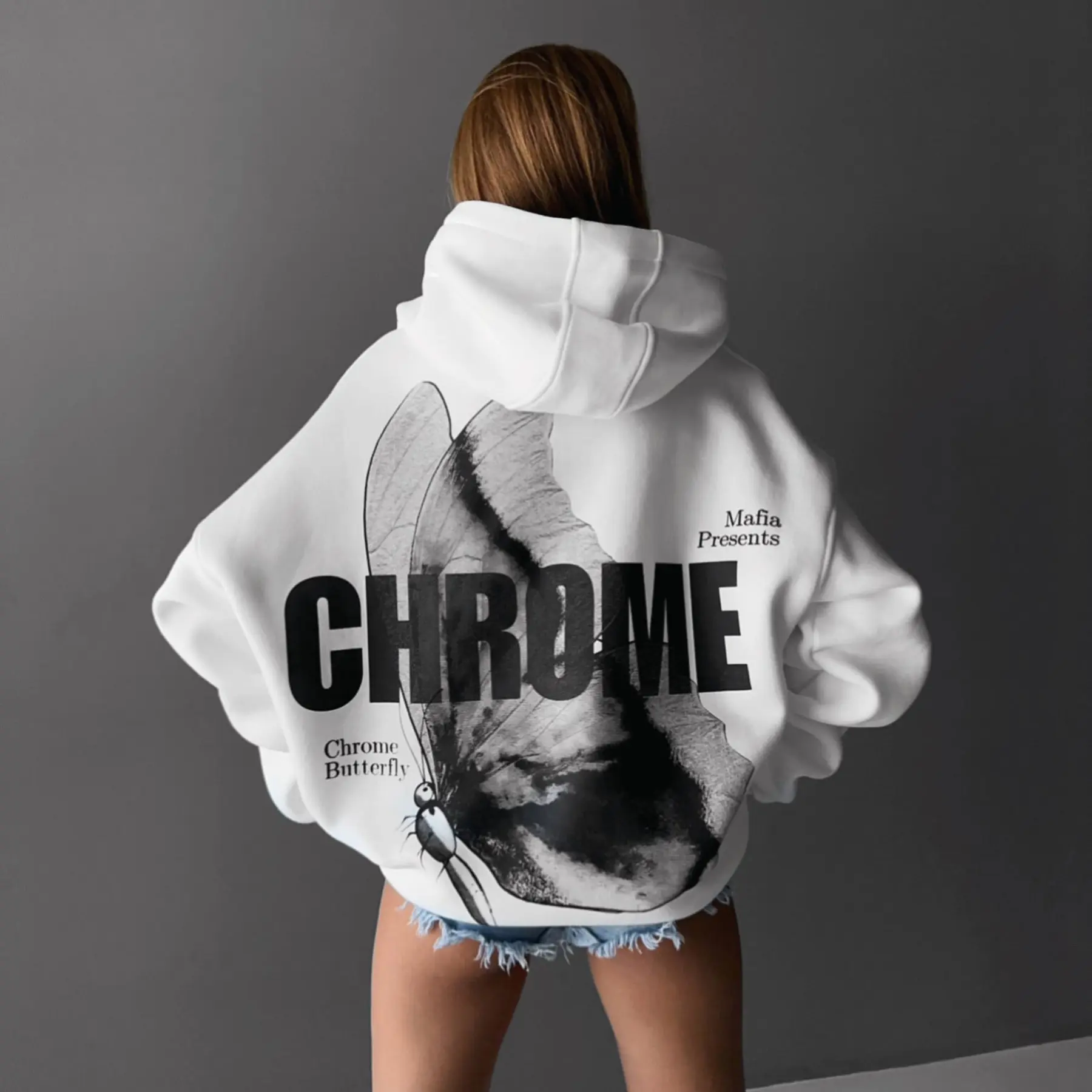 Oversize Chrome Butterfly Hoodie tt750 - Premium Soft Fabric - Casual Menswear and Womenswear Sweatshirt - Oversized, Tops