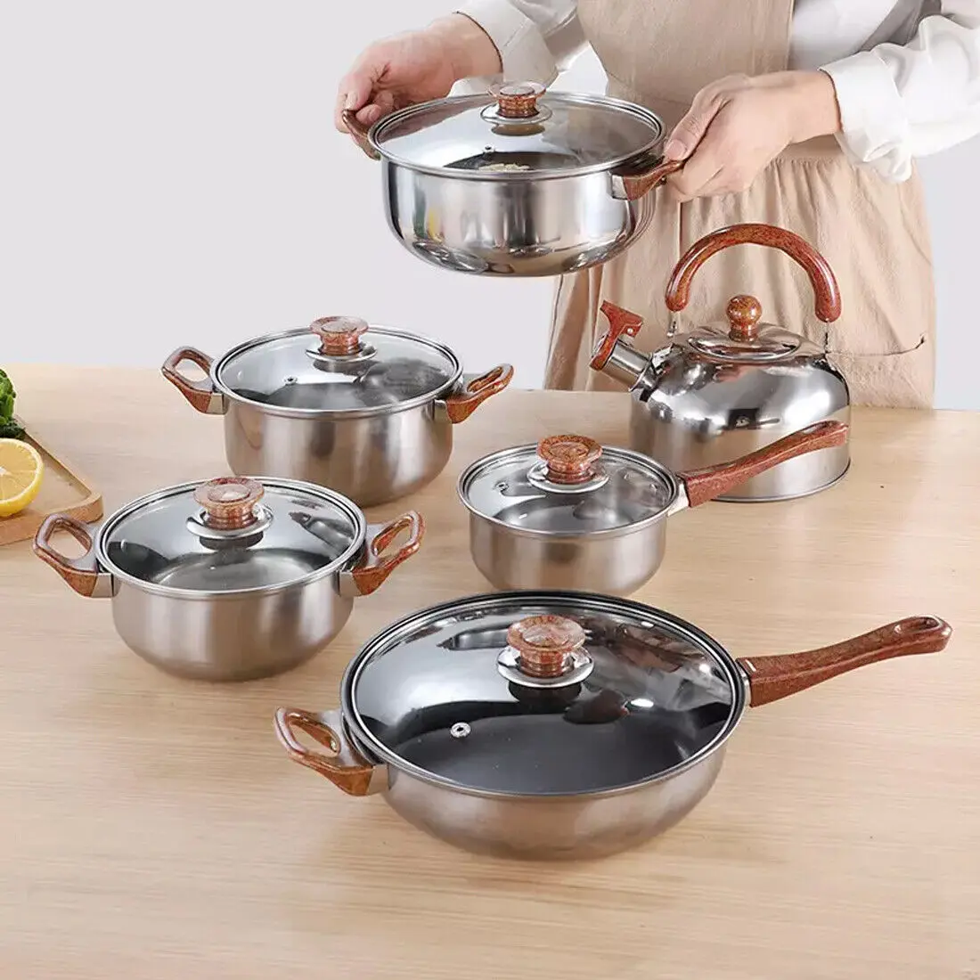 12pcs Stainless Steel Cookware Saucepan, Casserole & Fry Pan Set with Glass Lid