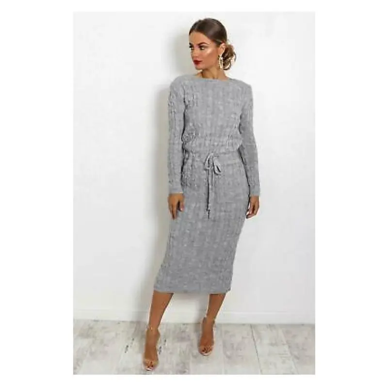 Ladies Cable Knitted Pocket Tie up Long Midi Dress with Belt - Clothing Knitwear Womenswear 3