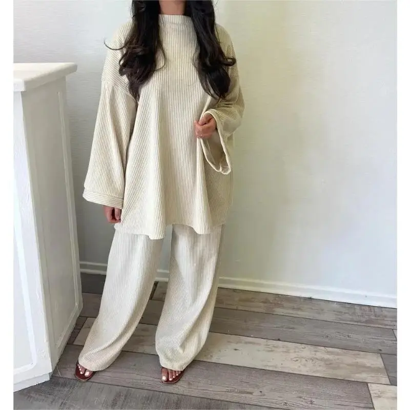 Autumn Winter Solid Color Corduroy Pants Sets Women Loose Long Sleeve Wide Legs Trousers Two Piece Set Female Commuting Clothing Womenswear Overalls Suits Underwear Gamis Comfort 8
