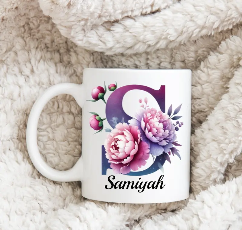 Personalised Mug Cup Peonies Beautiful Floral Initial Name Tea Coffee Boxed Gift Gifts for Her Peony Flowers 1