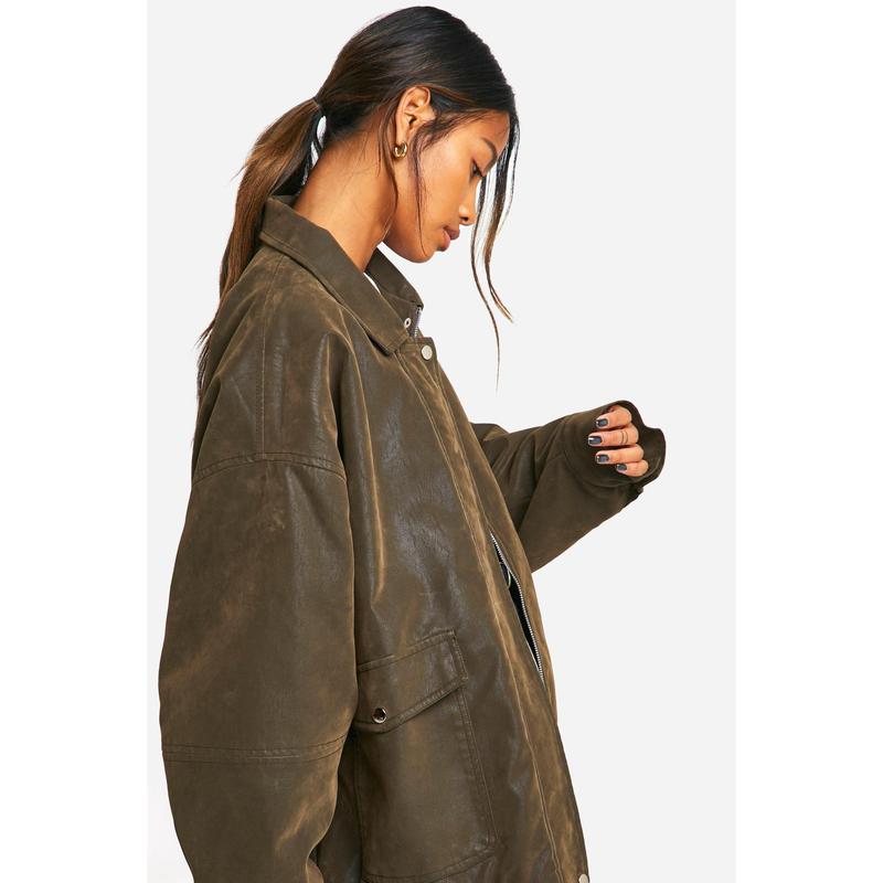 Vintage Look Faux Leather Oversized Bomber Jacket 3