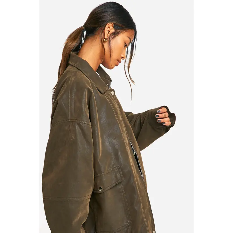 Vintage Look Faux Leather Oversized Bomber Jacket 3