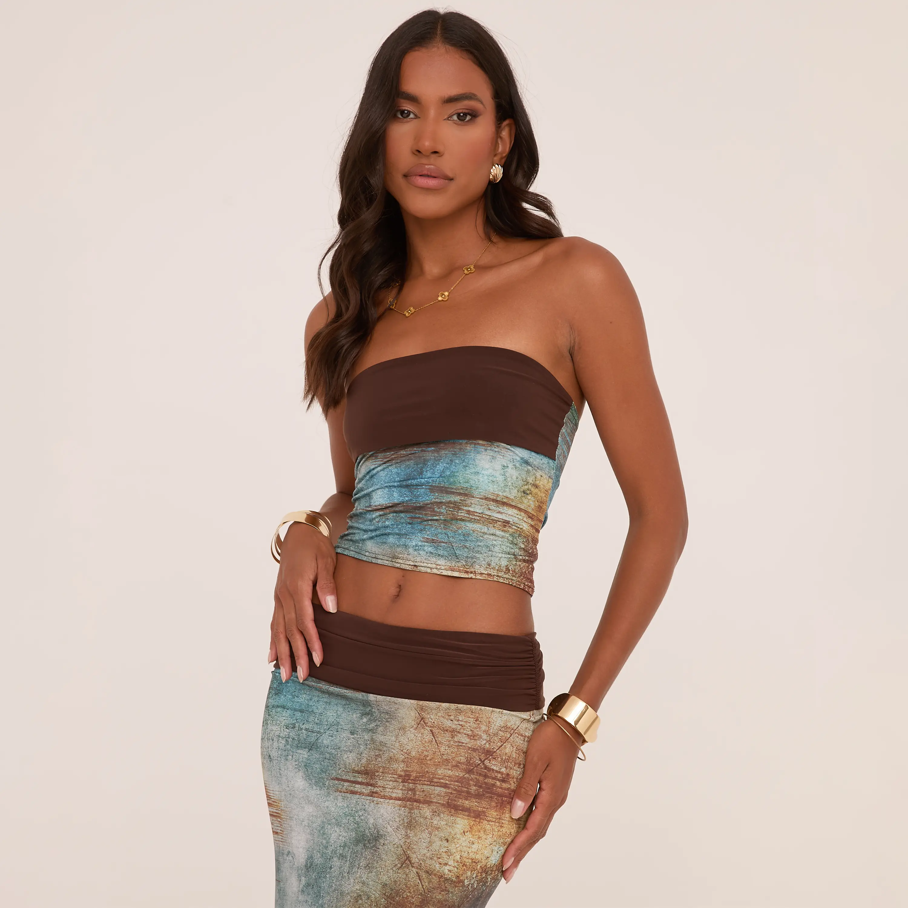 Contrast Fold Over Bandeau Crop Top In Green Abstract Print Slinky