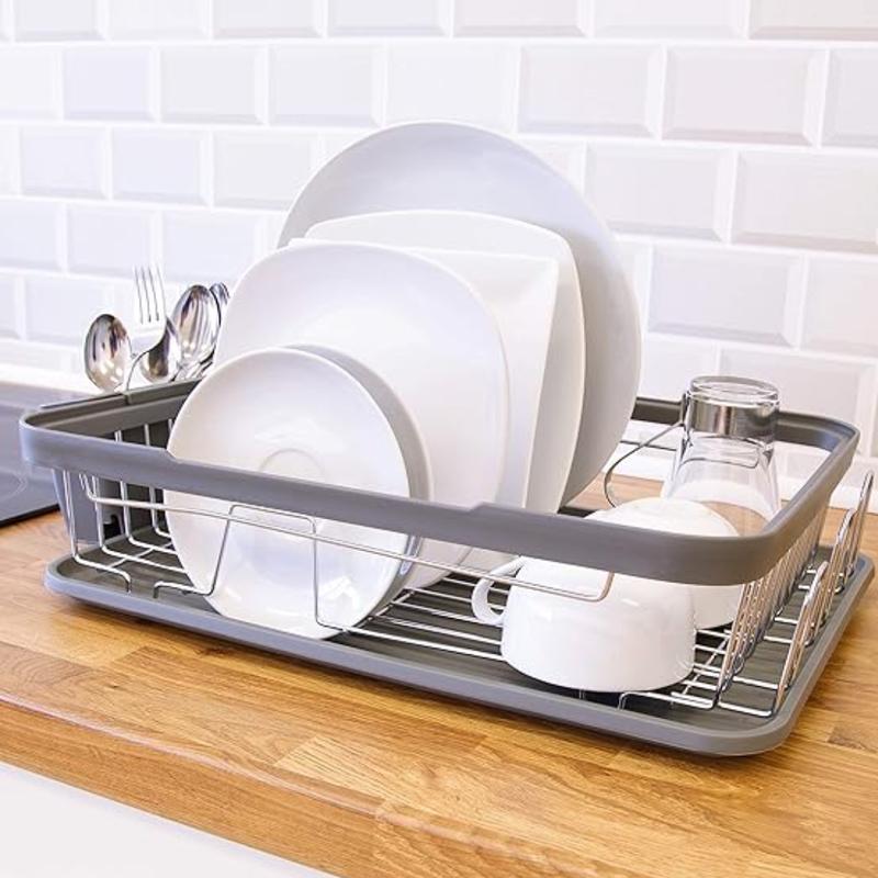 Kitchen Dish Drainer Rack with Plastic Drip Tray Cutlery Holder Kitchen Dish Drainer Rack/Separate Cutlery Holder/Removable Drip Tray Organiser 6