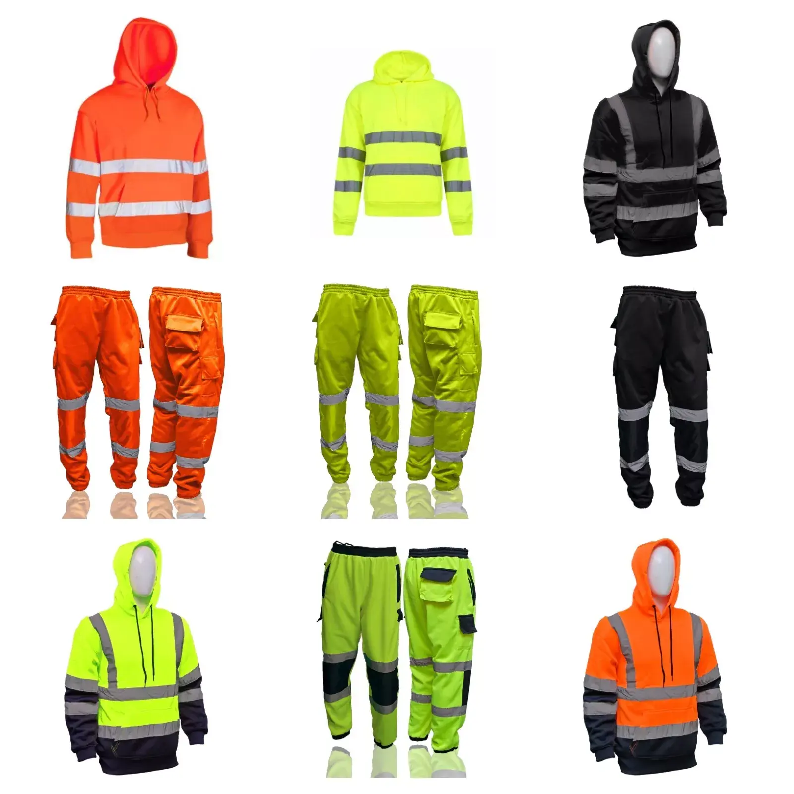 Hi Vis Workwear pullover top Fleece Tracksuit Set Open Hem Cuffed Trouser Drawstring Pockets Long Sleeves Hoooded Saftey Top & Bottom Set